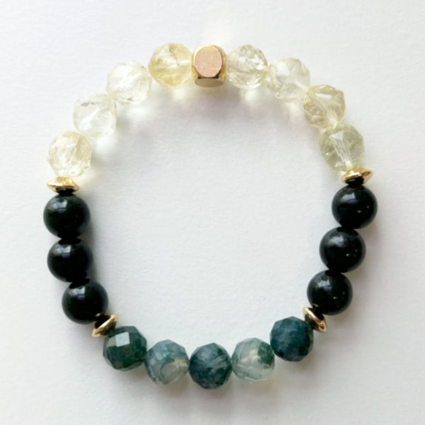 Moss Agate + Burma Jade + Natural Citrine Crystal Bracelet - The Mel