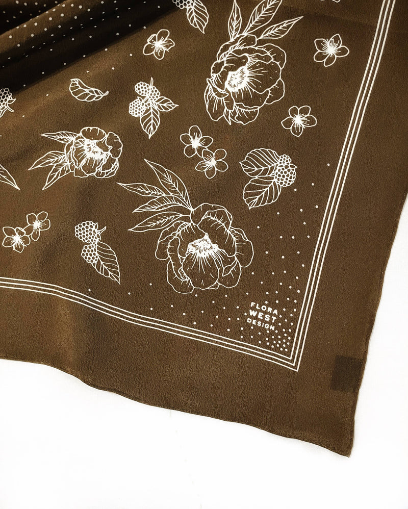 100% Silk Bandana Scarf - Classic Deep Olive Floral