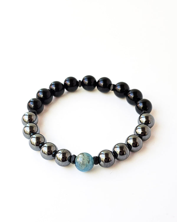 Stratus (Azurite in Calcite (UV) · Hematite · Black Tourmaline)