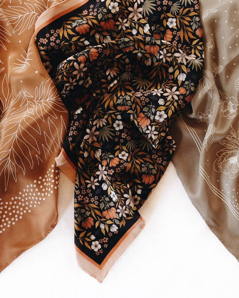 100% Silk Bandana Scarf - Midnight Garden Floral