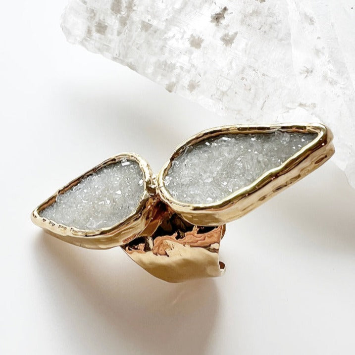 White Druzy Angel Wing Ring