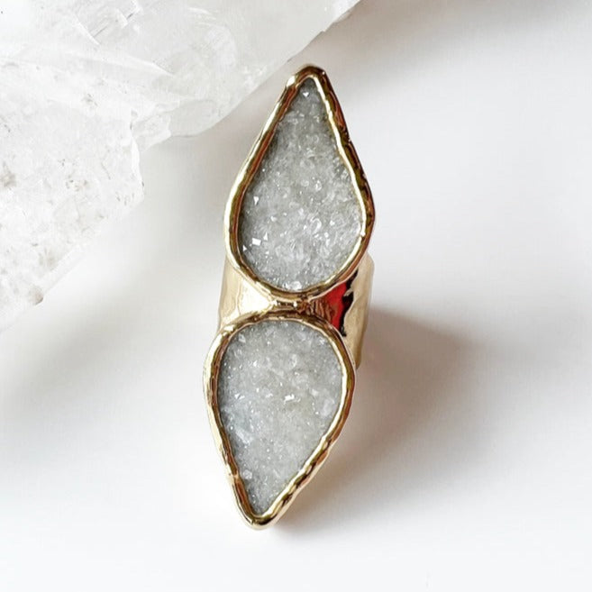 White Druzy Angel Wing Ring