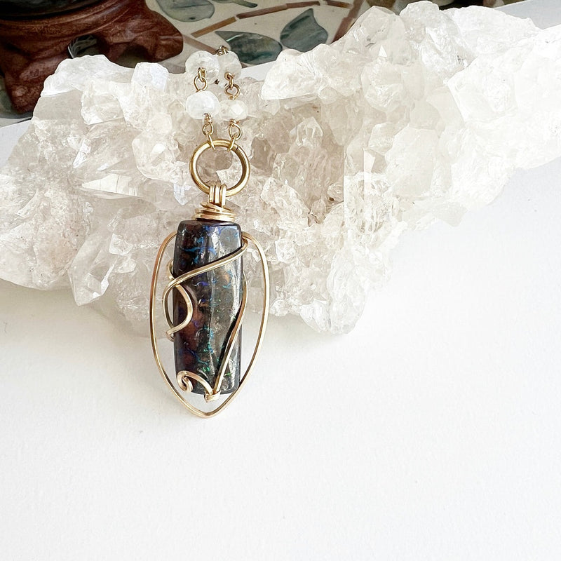 Boulder Opal Crystal Wire Wrapped Necklace