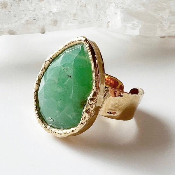 Chrysoprase Teardrop 24K Gold Dipped Ring