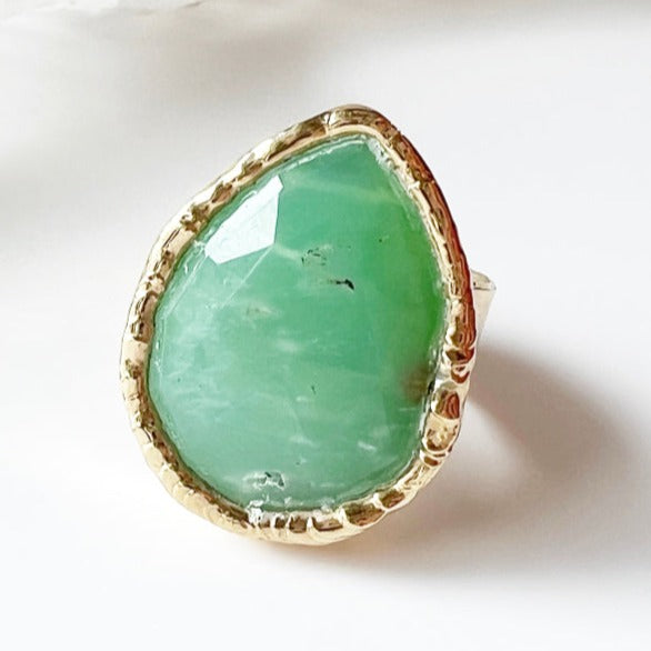 Chrysoprase Teardrop 24K Gold Dipped Ring