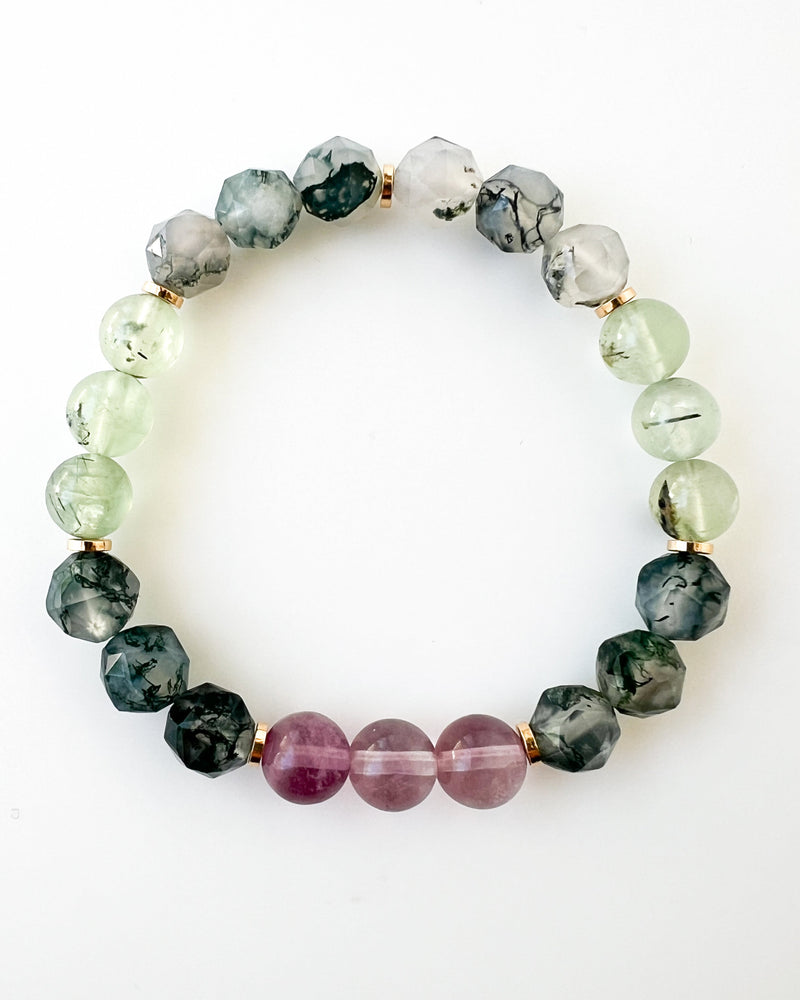 Pink Fluorite · Moss Agate · Prehnite with Epidote Crystal Bracelet - Wildflower