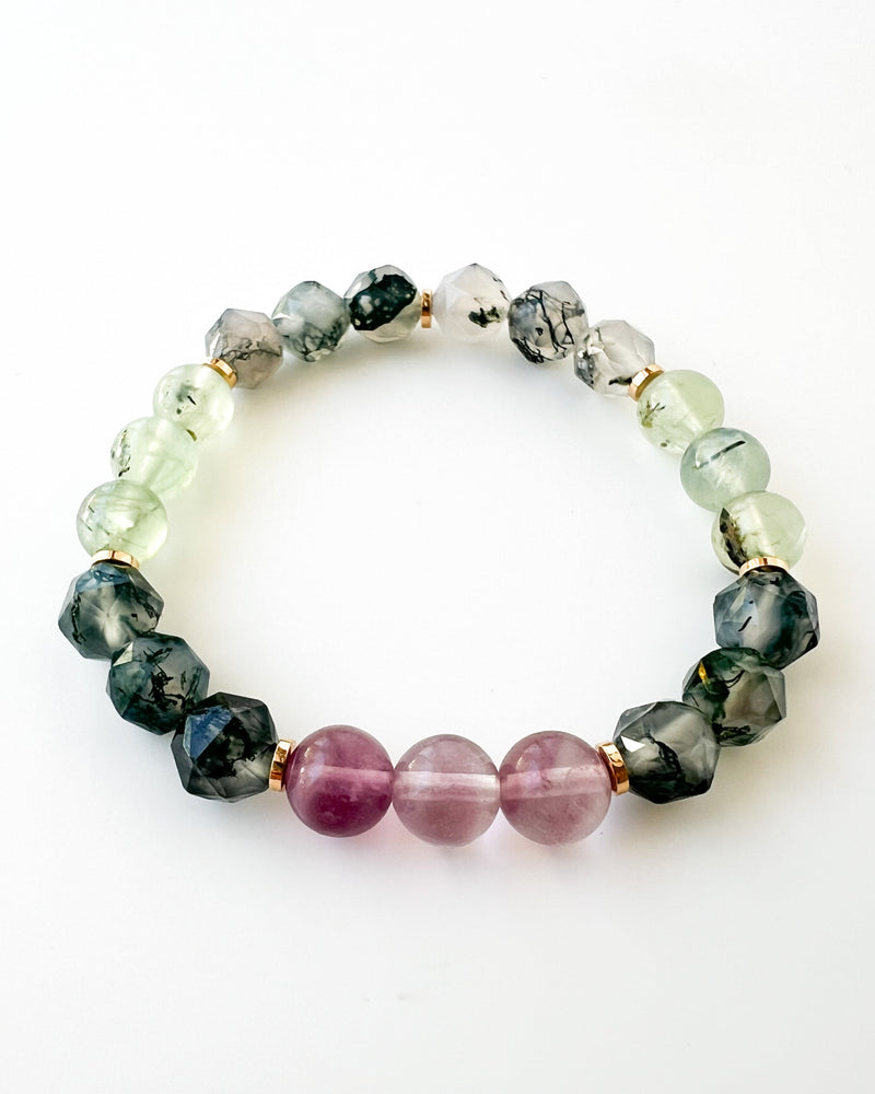Pink Fluorite · Moss Agate · Prehnite with Epidote Crystal Bracelet - Wildflower
