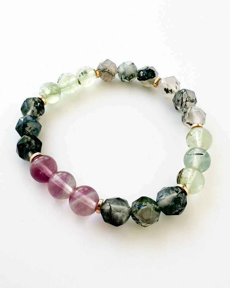 Pink Fluorite · Moss Agate · Prehnite with Epidote Crystal Bracelet - Wildflower
