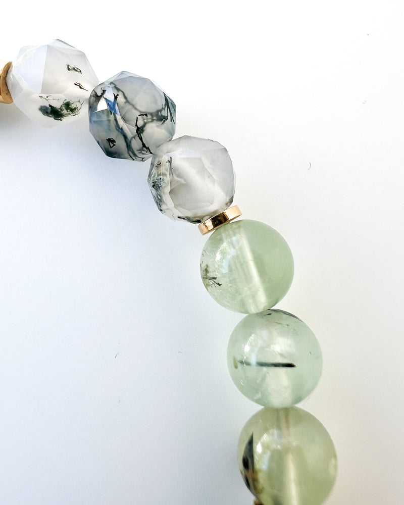 Pink Fluorite · Moss Agate · Prehnite with Epidote Crystal Bracelet - Wildflower