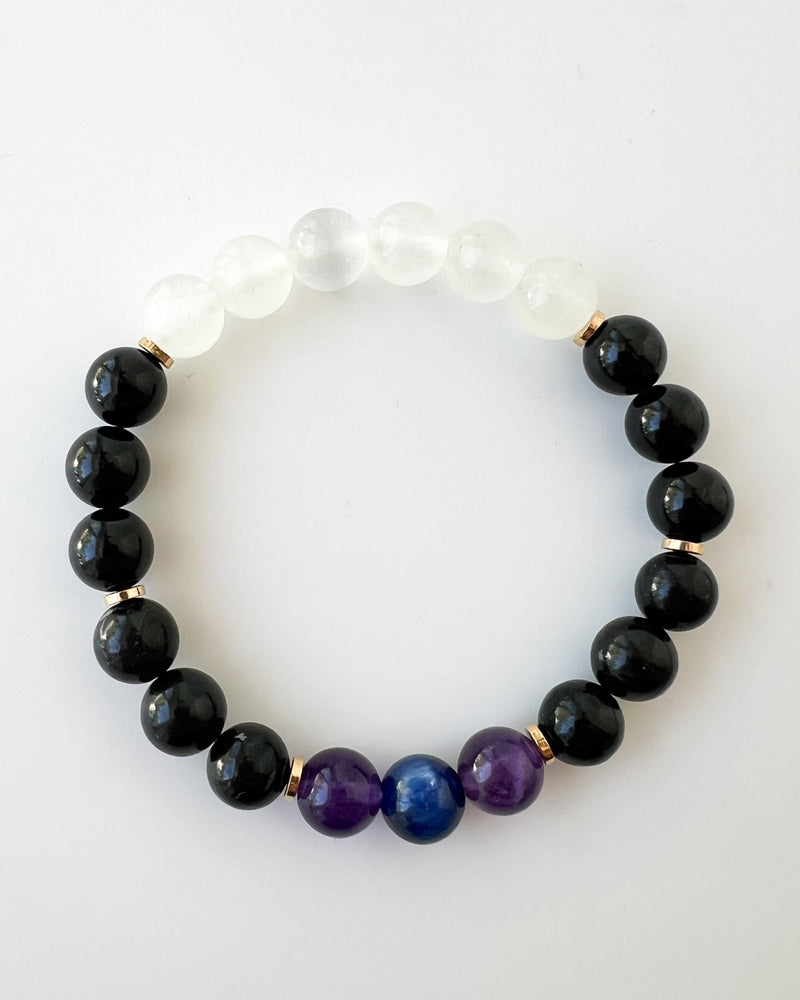 Blue Kyanite + Amethyst + Shungite + Black Tourmaline + Selenite Crystal Bracelet - Back to School