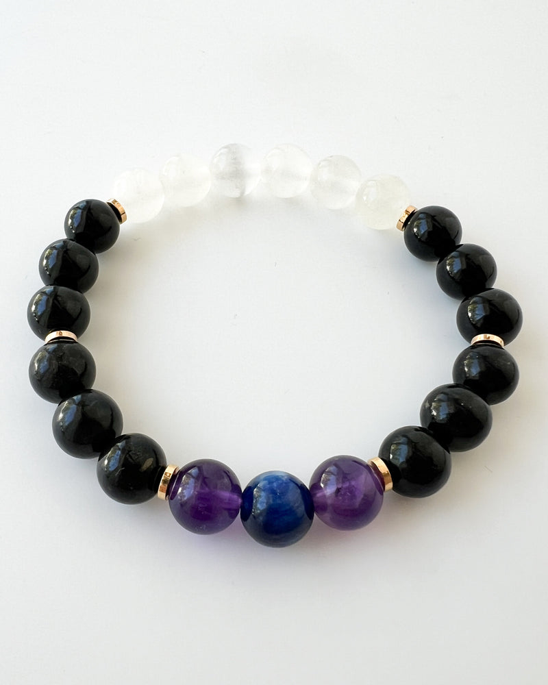 Blue Kyanite + Amethyst + Shungite + Black Tourmaline + Selenite Crystal Bracelet - Back to School