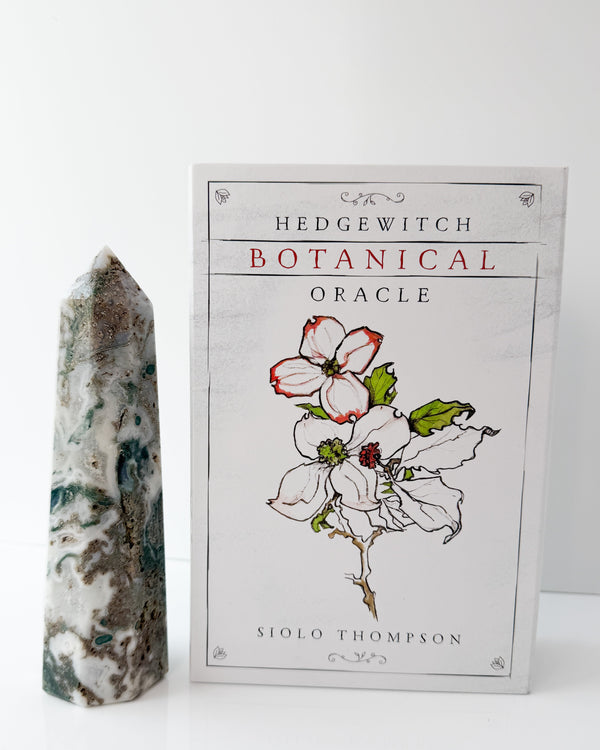 Hedgewitch Botanical Oracle card with a Tree Agate crystal tower on a white background
