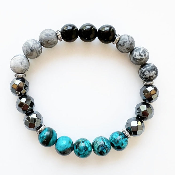 Shattuckite · Map Jasper · Hematite · Jet Crystal Bracelet - Centered