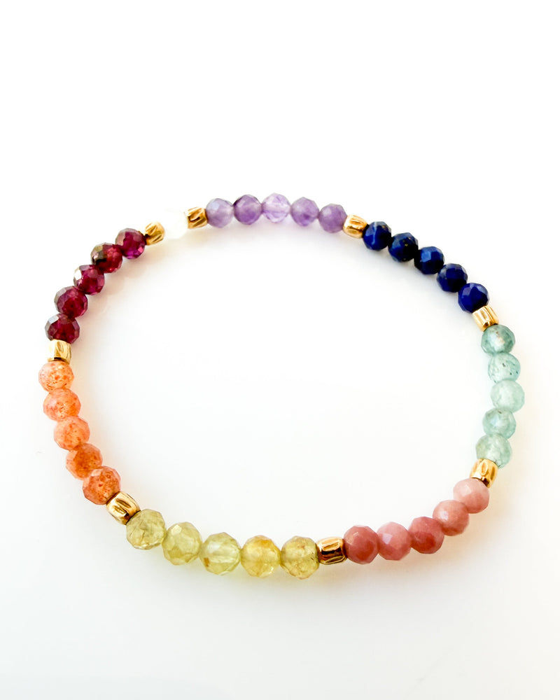 Amethyst · Lapis Lazuli · Blue Apatite · Rhodonite · Golden Rutile Quartz · Sunstone· Garnet · Moonstone Crystal Bracelet - Shimmering Chakras