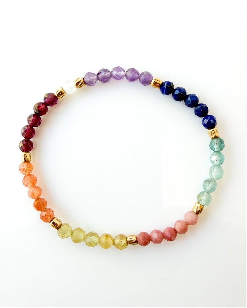 Amethyst · Lapis Lazuli · Blue Apatite · Rhodonite · Golden Rutile Quartz · Sunstone· Garnet · Moonstone Crystal Bracelet - Shimmering Chakras