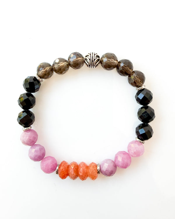 LiberationRuby + Sunstone + Black Tourmaline +  Smoky Quartz Crystal Bracelet - Liberation
