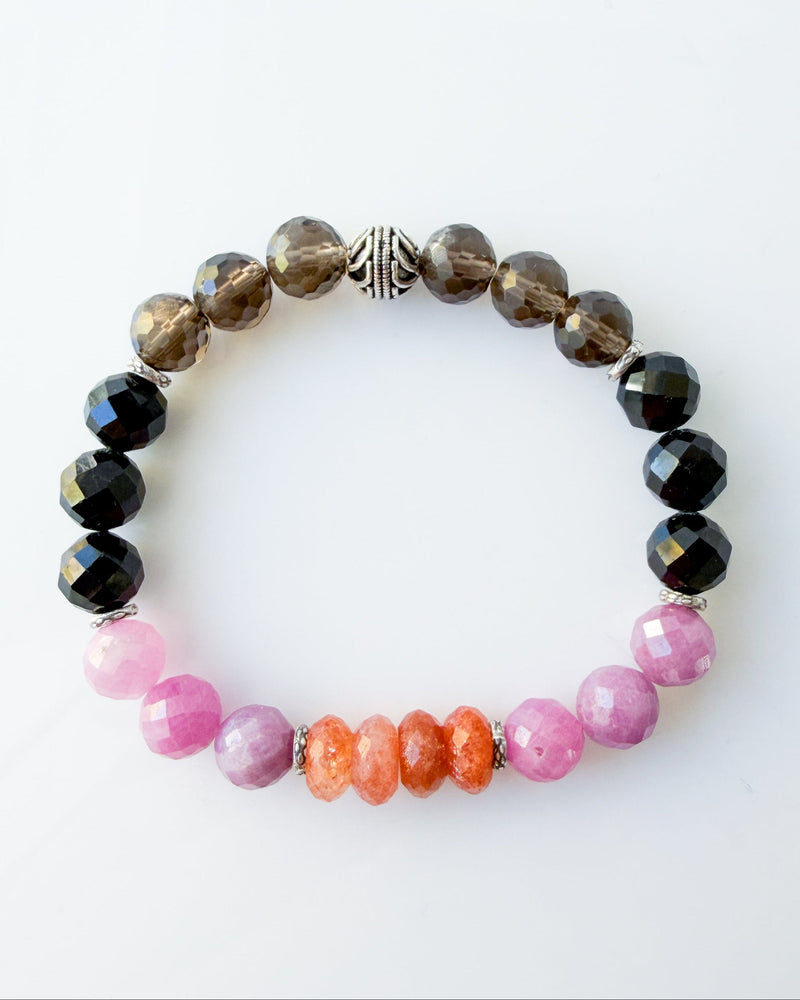 Ruby + Sunstone + Black Tourmaline +  Smoky Quartz Crystal Bracelet - Liberation