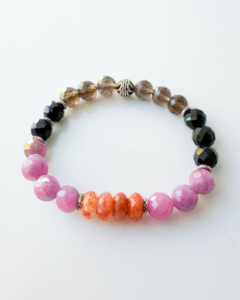 Ruby + Sunstone + Black Tourmaline +  Smoky Quartz Crystal Bracelet - Liberation
