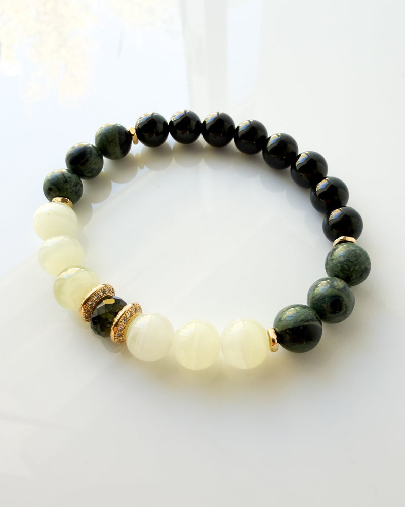 Black Tourmaline + Green Calcite + Moldavite + Kambaba Jasper Crystal Bracelet - Limitless