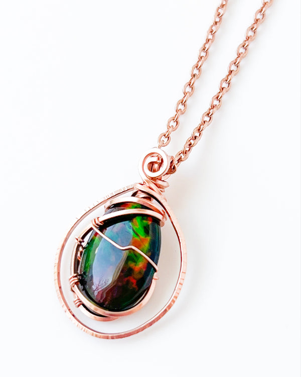 Rare Black Ethiopian Opal Crystal Wire Wrapped Necklace