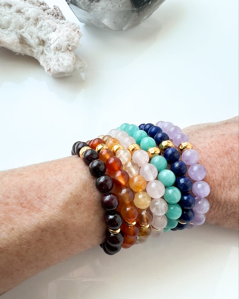 Lavender Amethyst, Lapis Lazuli AAA, Russian Amazonite, Rose Quartz, Golden Healer, Carnelian, and Garnet - Chakra Series 2025 