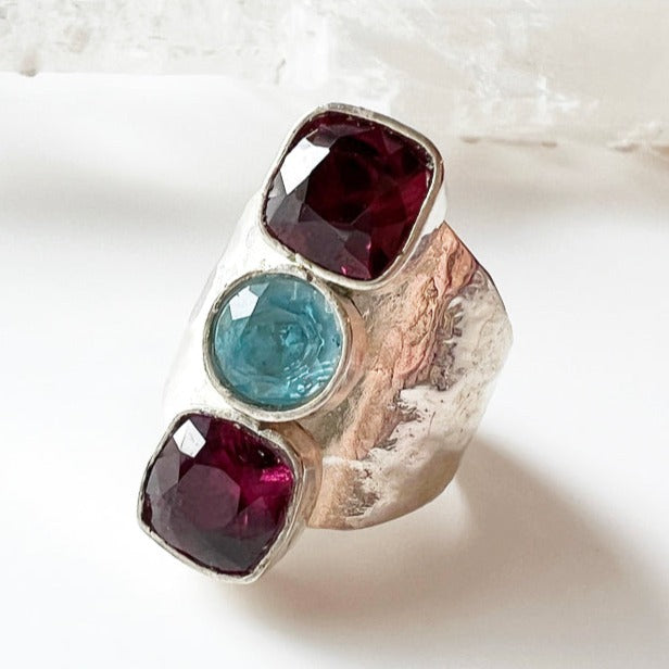 London Blue Topaz + Garnet Sterling Silver Ring