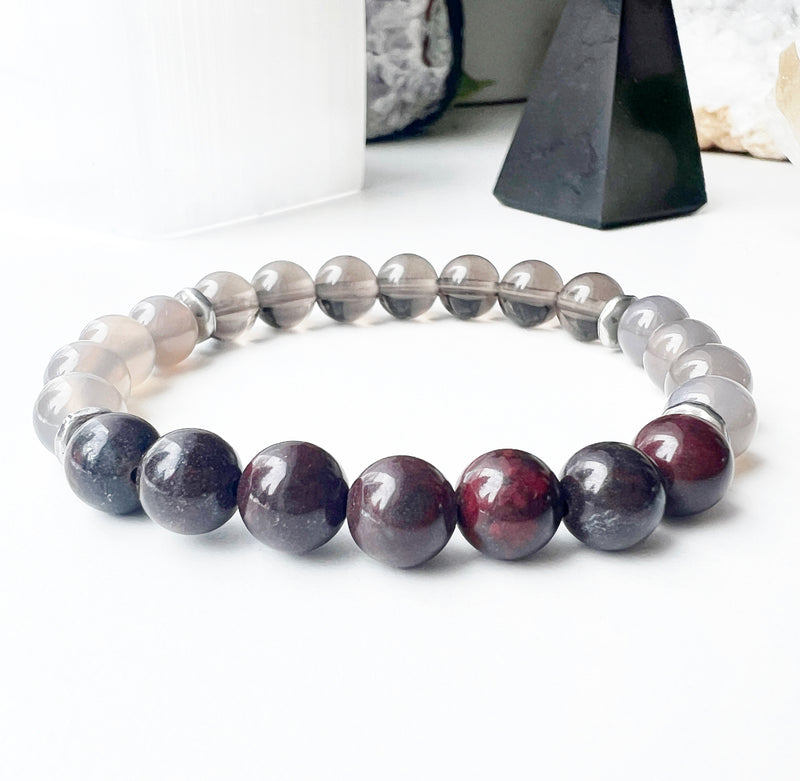 red tiger iron-grey agate-obisdian crystal bracelet