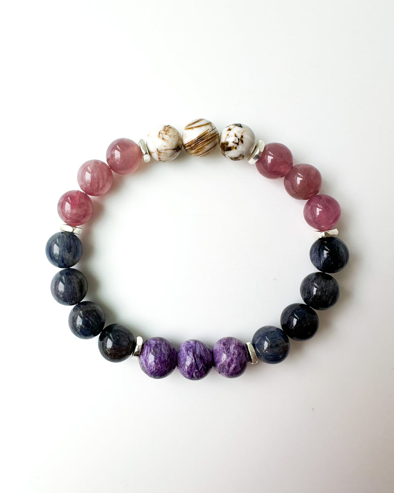 Charoite · Blue Rutile Quartz · Blue Rose Quartz · Wood Opal - Rochelle Crystal Bracelet