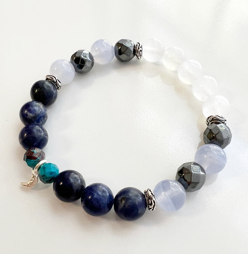 Rainbow Moonstone · Hematite · Azurite Chrysocolla crystal bracelet
