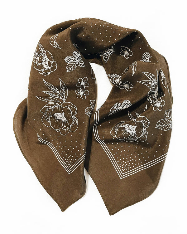 100% Silk Bandana Scarf - Classic Deep Olive Floral