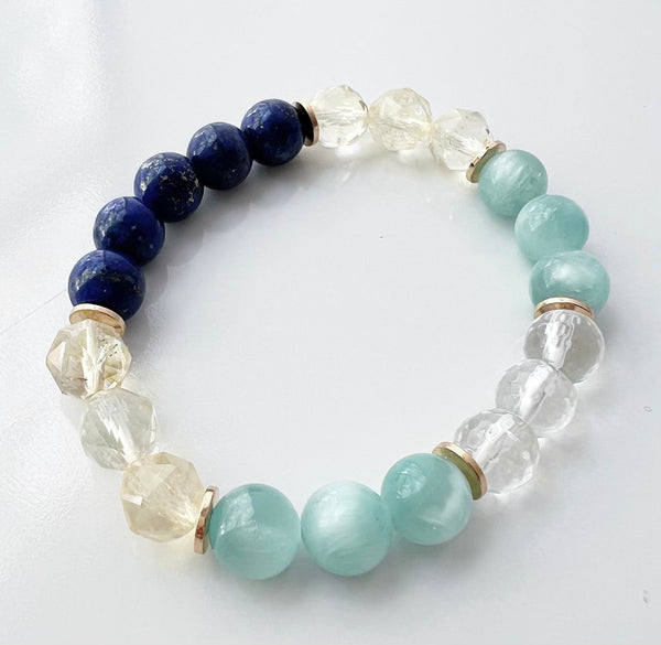 Lapis Lazuli + Citrine + Green Moonstone +Clear Quartz Crystal Bracelet - Golden Opportunity