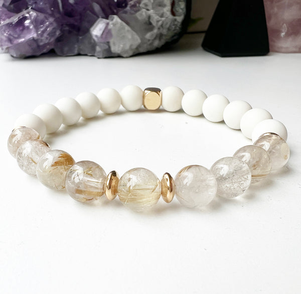 Rutilated Quartz + White Jade Crystal Bracelet - GOLDEN SERENITY
