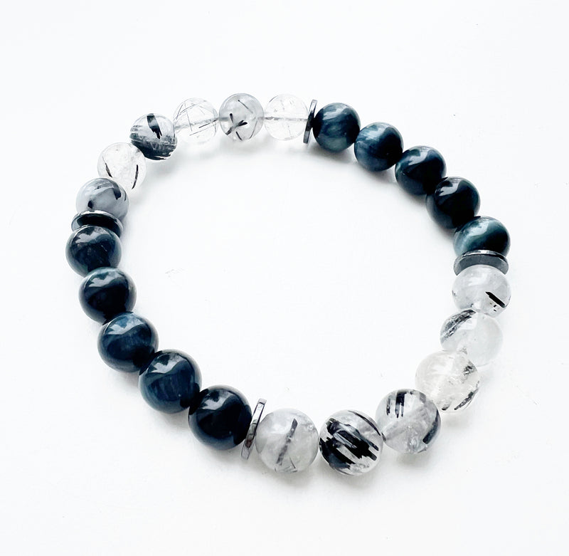 Blue Tiger's Eye + Tourmalinated Quartz crystal bracelet